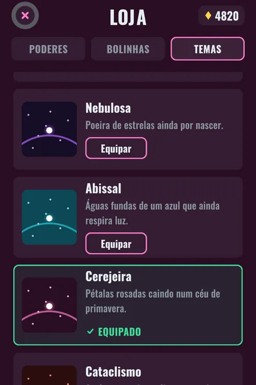 A loja do jogo, aba de temas, com Nebulosa, Abissal, Cerejeira e Cataclismo, cada um com uma prévia da arena na sua cor.